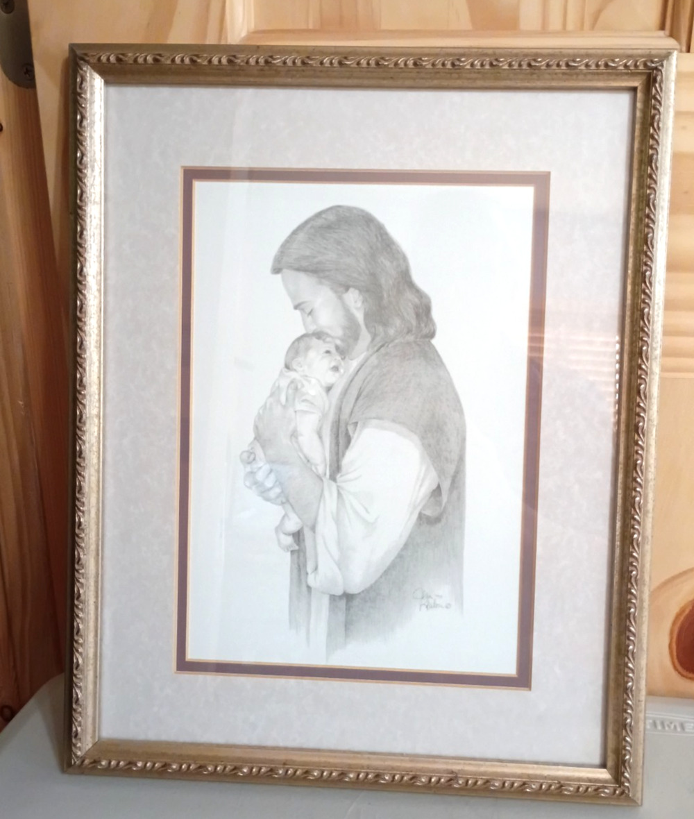 VTG Jesus w Baby 1995 Jean Keaton Framed Signed Wall Art 12x15 Infant Snuggling